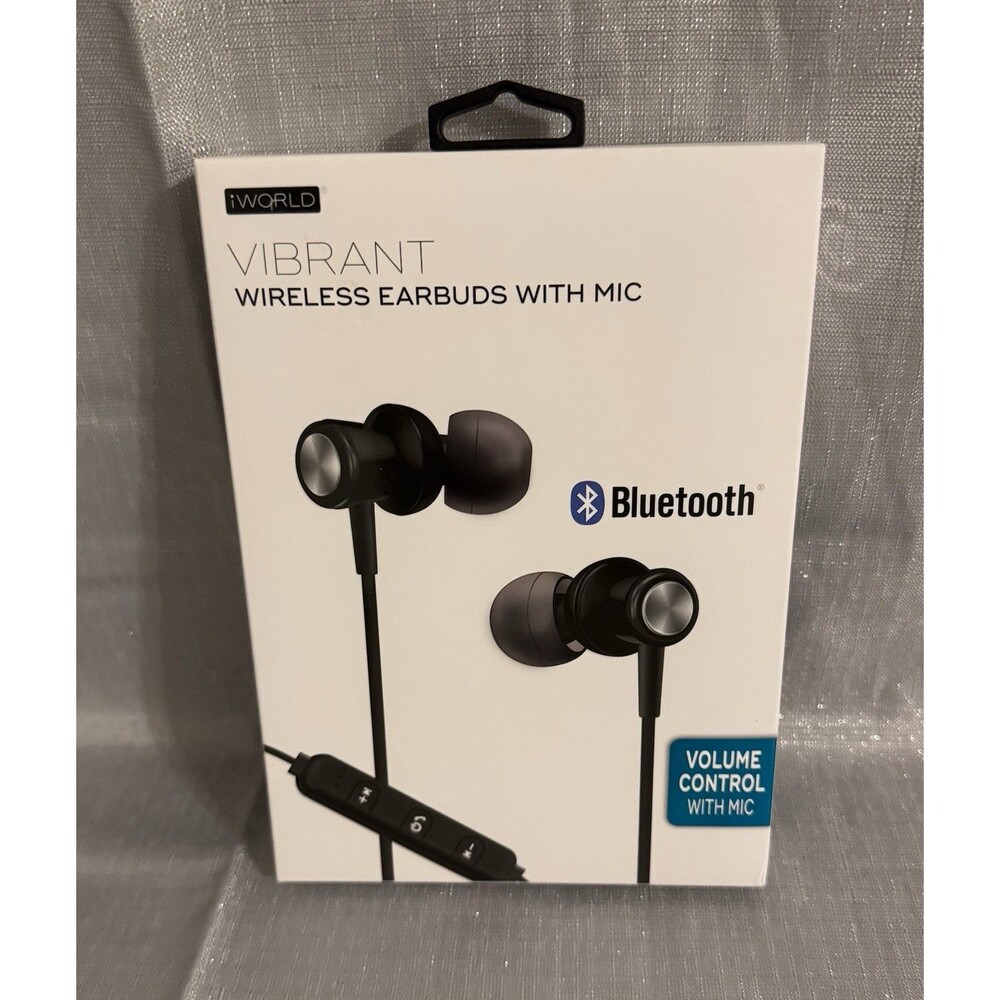 New Bluetooth iWorld Vibrant Wireless Black Earbuds with Mic.